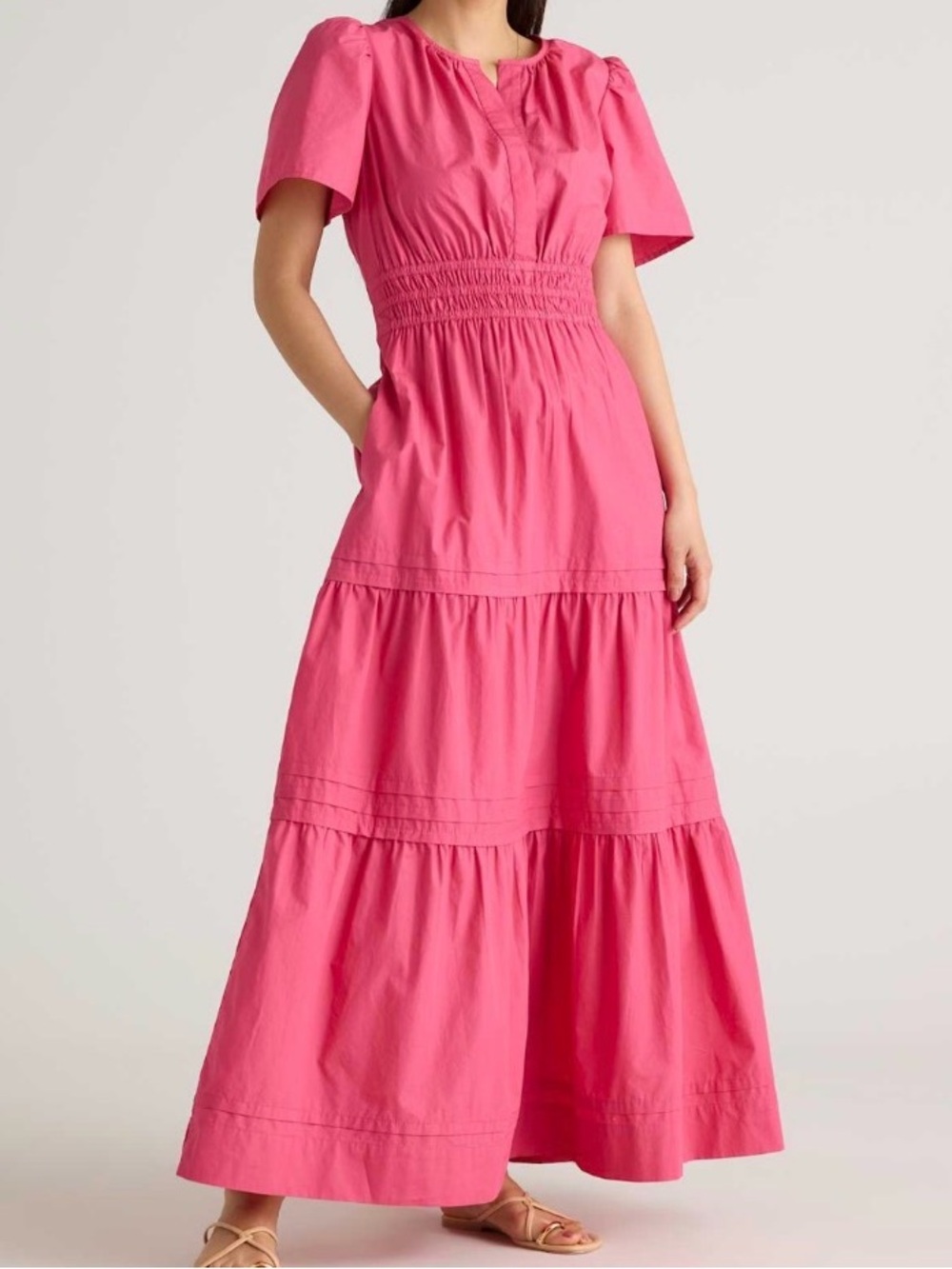 Quince Women Sz XL 100% Organic Cotton Poplin Tiered Maxi Dress Spiced Coral